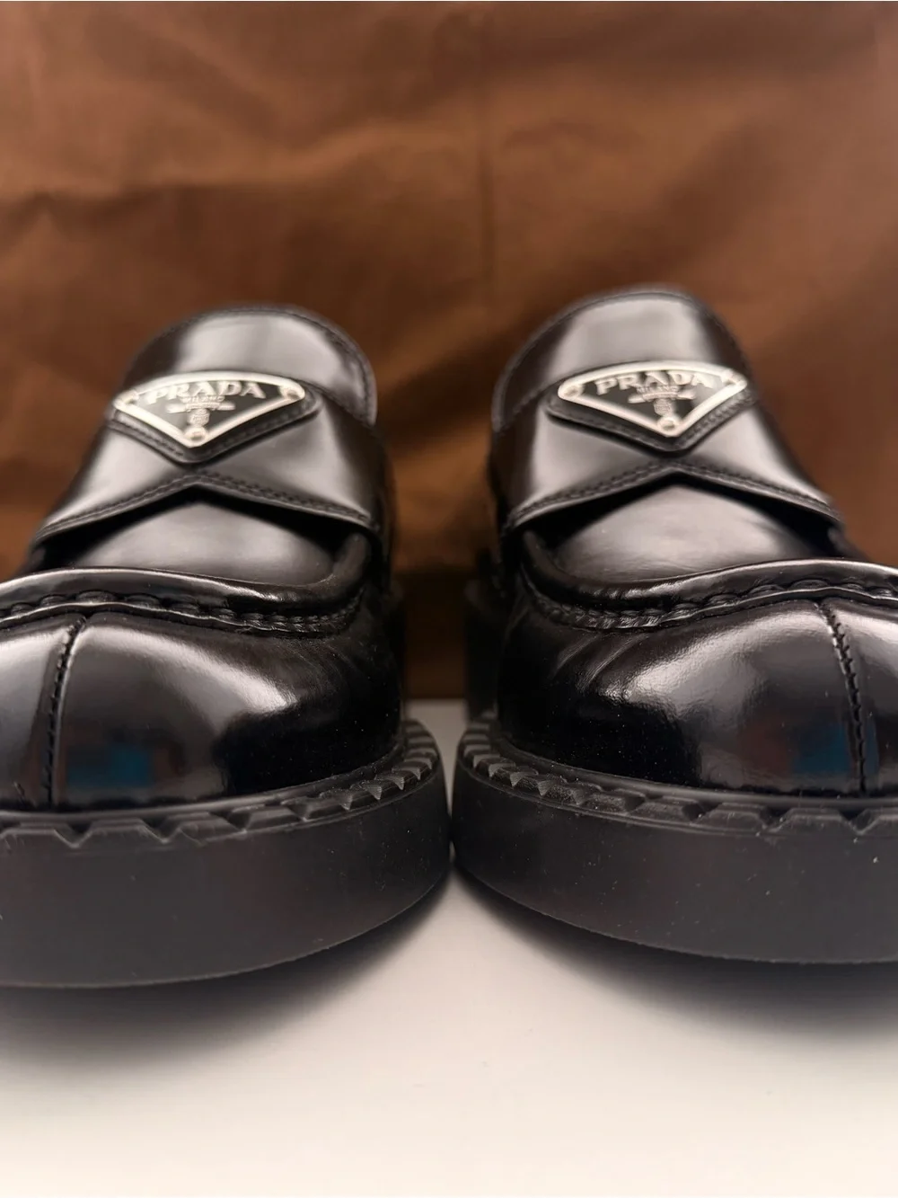Prada Black Patent Leather Logo Penny Loafers